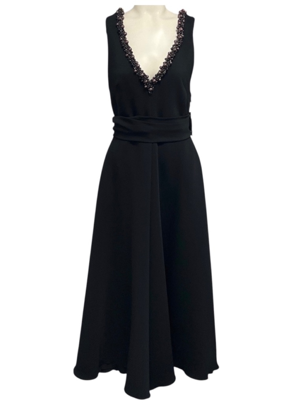 VIKTOR & ROLF BLACK PEARL EMBELLISHED SLEEVELESS V-NECK MIDI COCKTAIL DRESS WITH